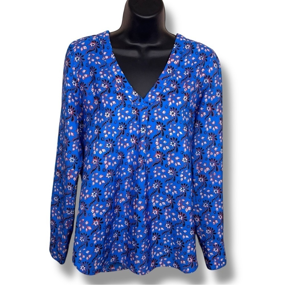 XS J Crew Blue Long Sleeve Blouse Vneck Red White Floral Boho Bohemian Colorful